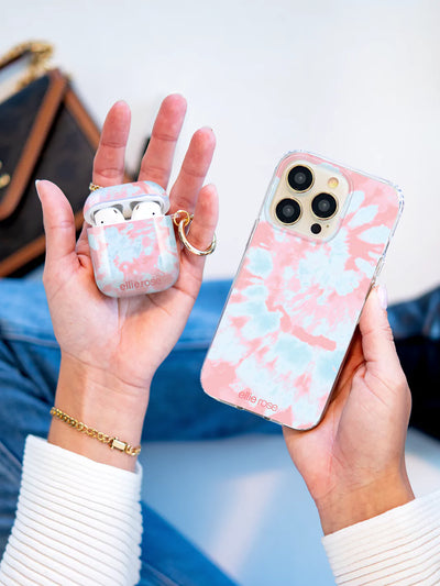 Pink and blue Tie Dye Case held in hand with iphone