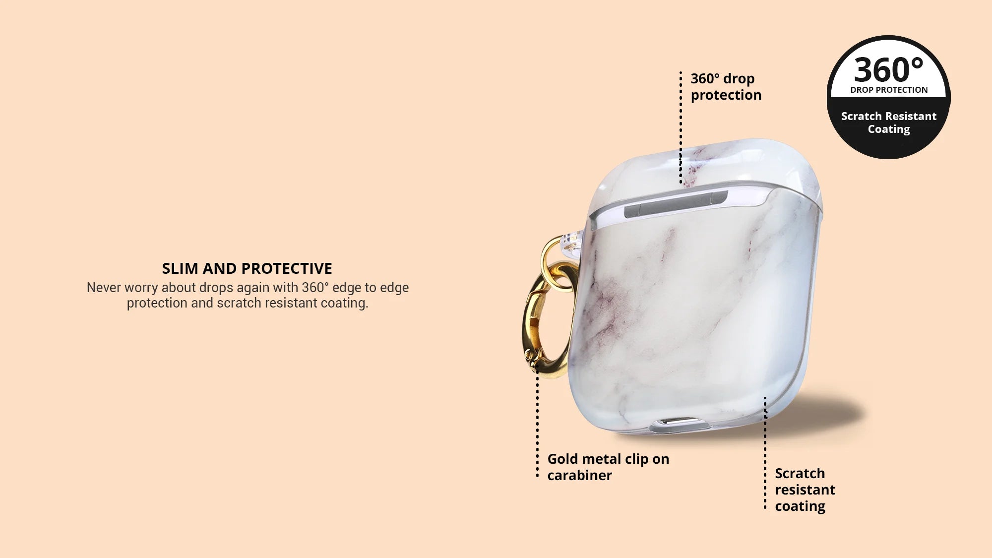 Showing 360 drop protection white marble airpods case