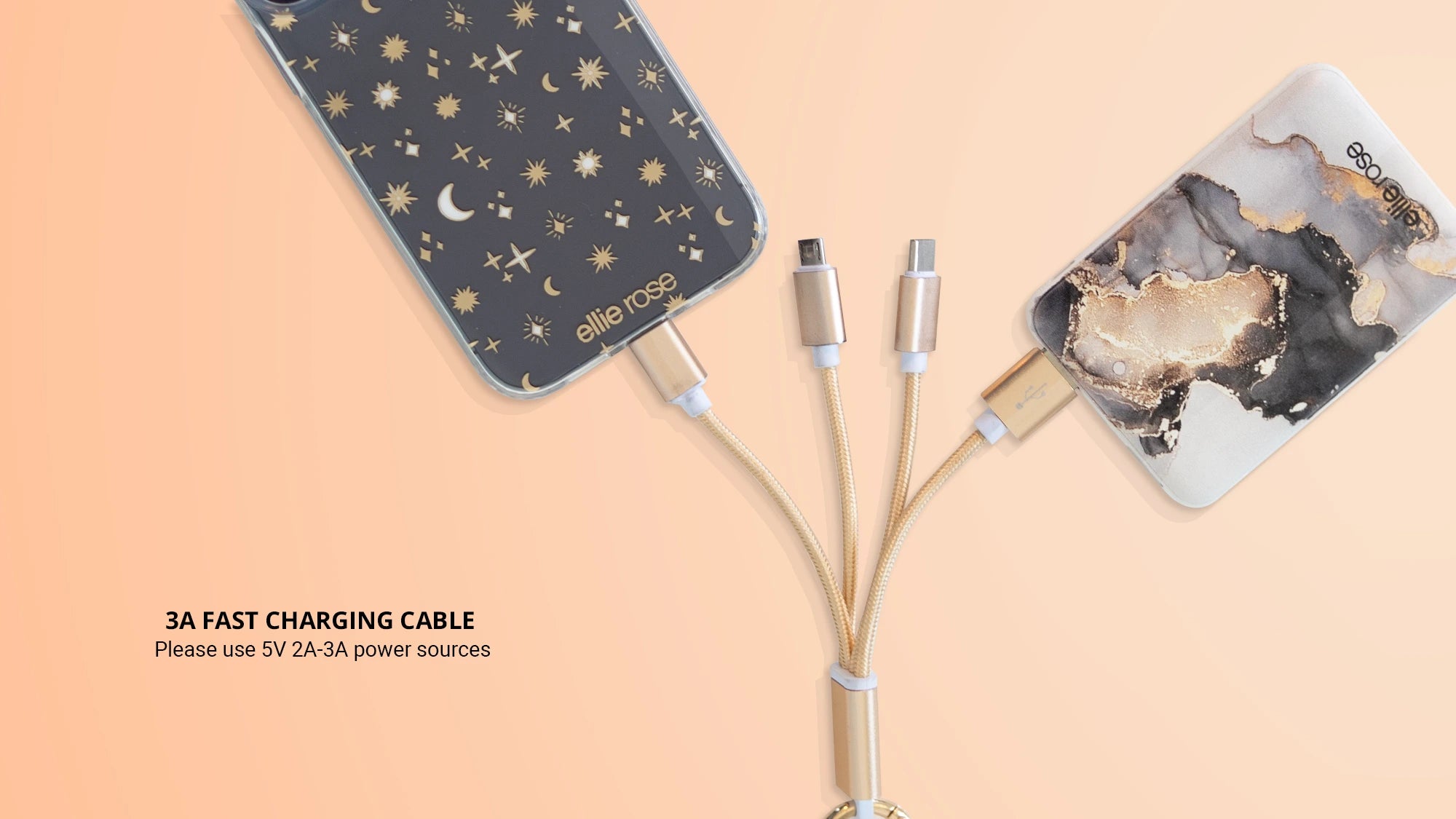 Gold 3 in 1 Charging cable connected to powerbanks 3A fast charging cable