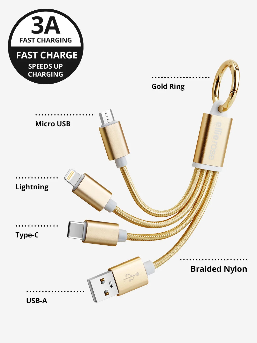 Fast charge with 3A USB A  Gold 3 in 1 Charging keychain cable