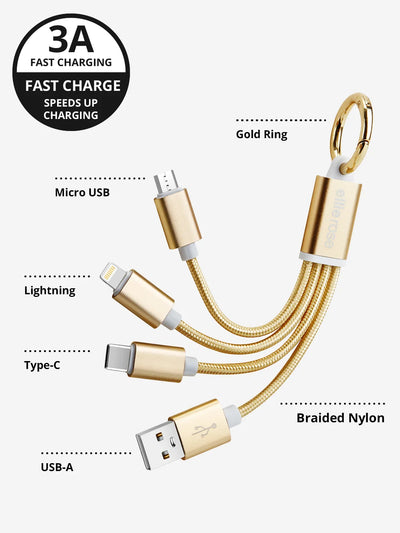 Fast charge with 3A USB A  Gold 3 in 1 Charging keychain cable