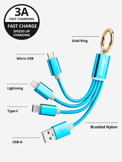 Neon Blue 3-in-1 Charging Cable Keychain