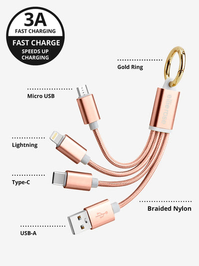 Fast charge with 3A USB A Rose Gold  3 in 1 Charging keychain cable