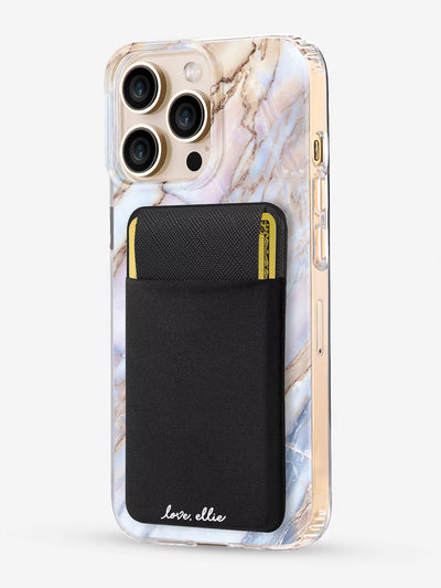 Black Stick on Phone Pocket with card attached to luxury marble iPhone case