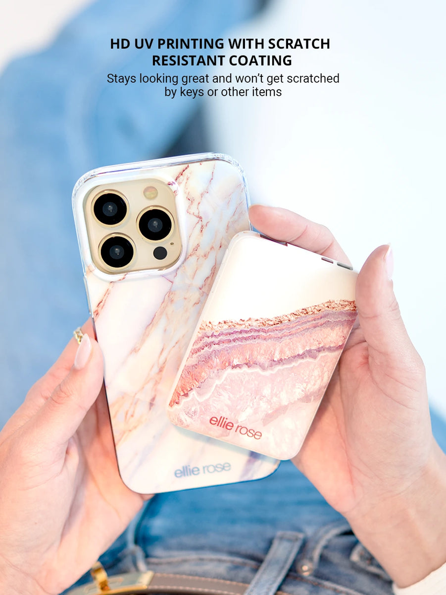 holding a rose gold agate power bank together with an iPhone