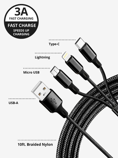 Black 3 in 1 charging cable USB A with braided nylon cable fast charge 3A