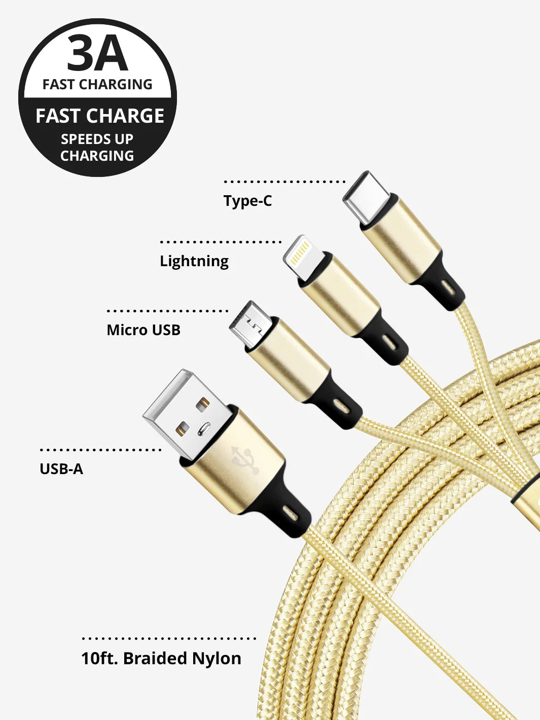 Gold 3 in 1 charging cable USB A with braided nylon cable fast charge 3A