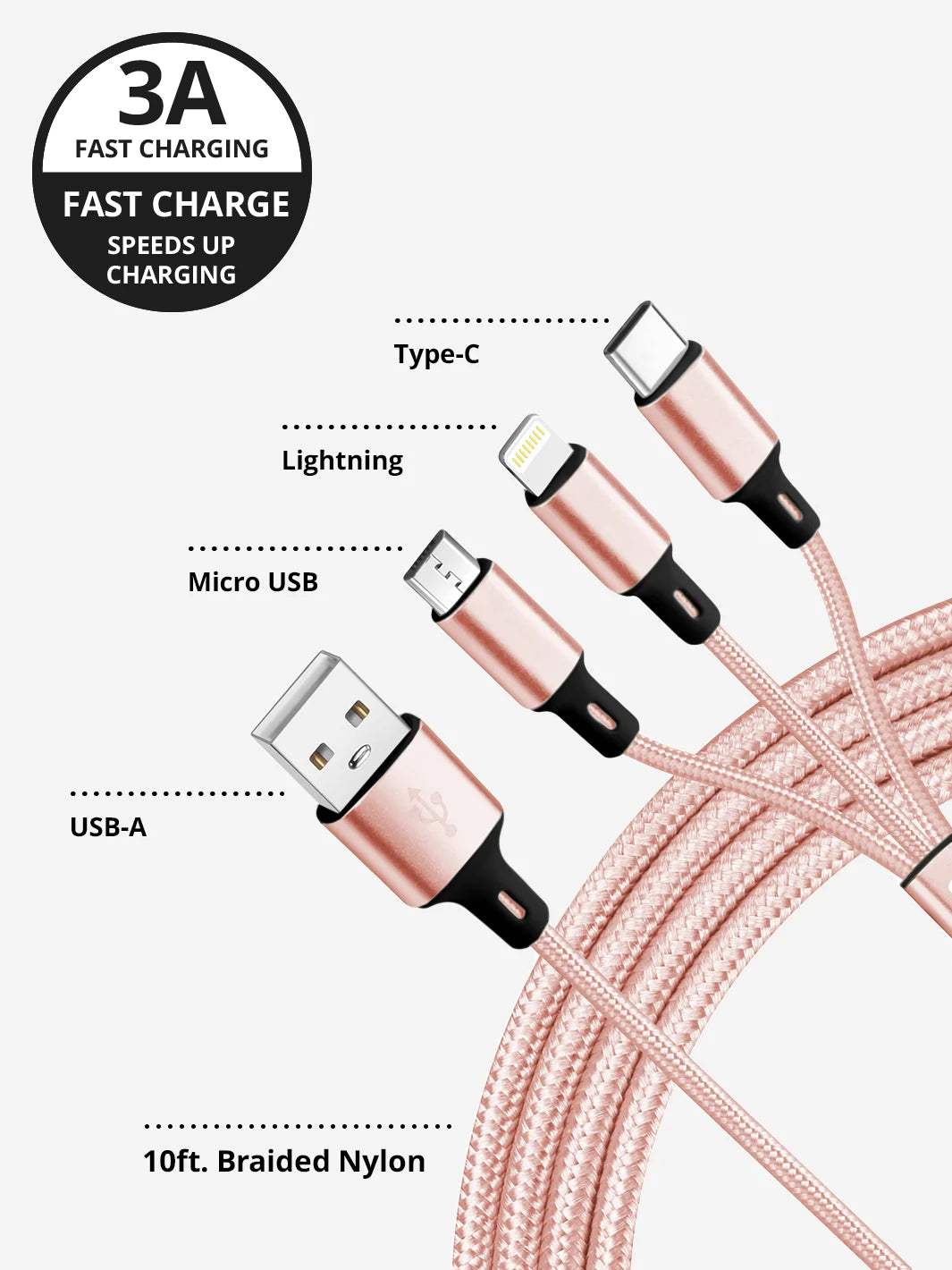 Rose Gold 3 in 1 charging cable USB A with braided nylon cable fast charge 3A