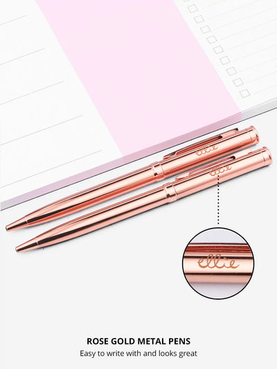 Weekly planner with rose gold pens and ellie logo