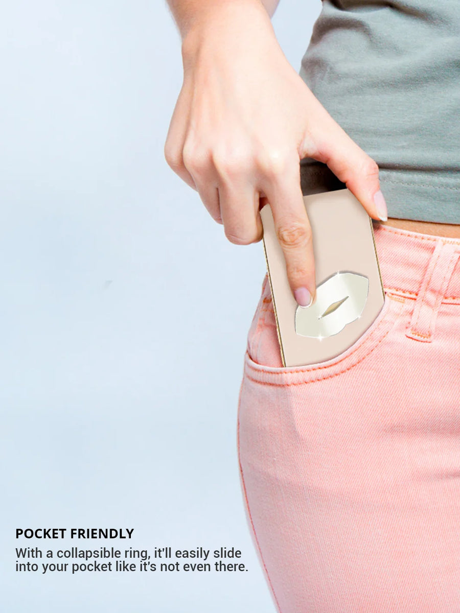 Putting an iphone into a pocket showing a stick on phone decal lips wearing pink jeans