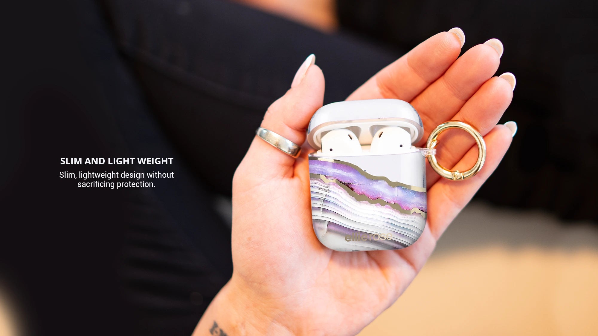 Showing lavender agate airpods case on hand with gold ring