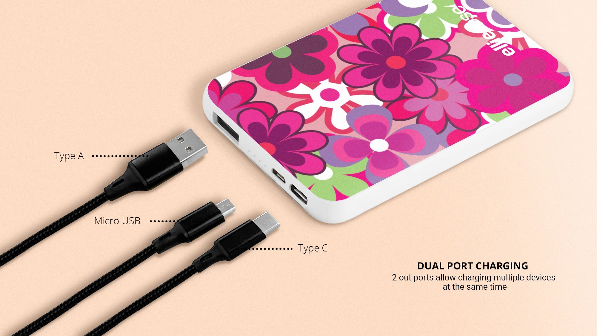 showing groovy floral power bank and 3 in 1 usb charging cable