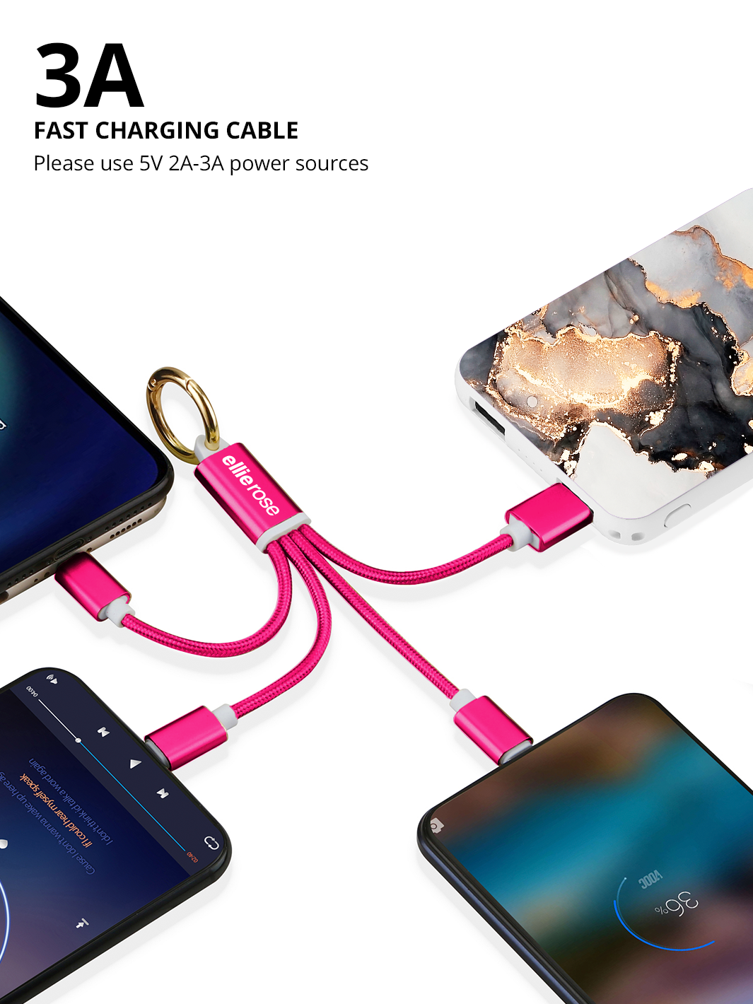 Hot Pink 3-in-1 Charging Cable Keychain