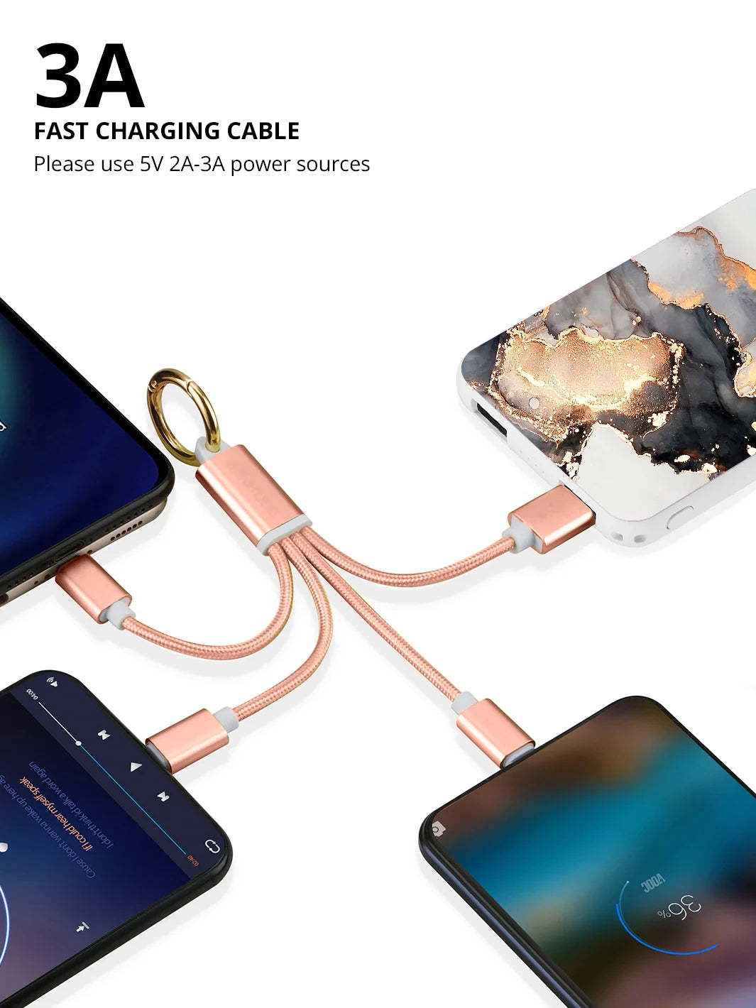 Charging multiple devices on powerbank 3 in 1 Rose Gold braided charging cable