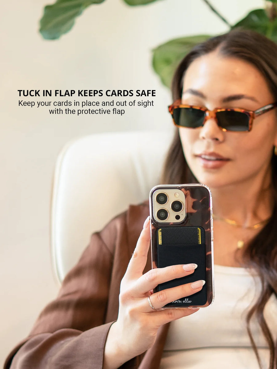 Stick on phone pocket black while wearing shades