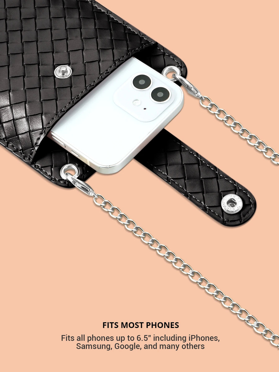 Crossbody phone bag black with iphone and silver metal chain