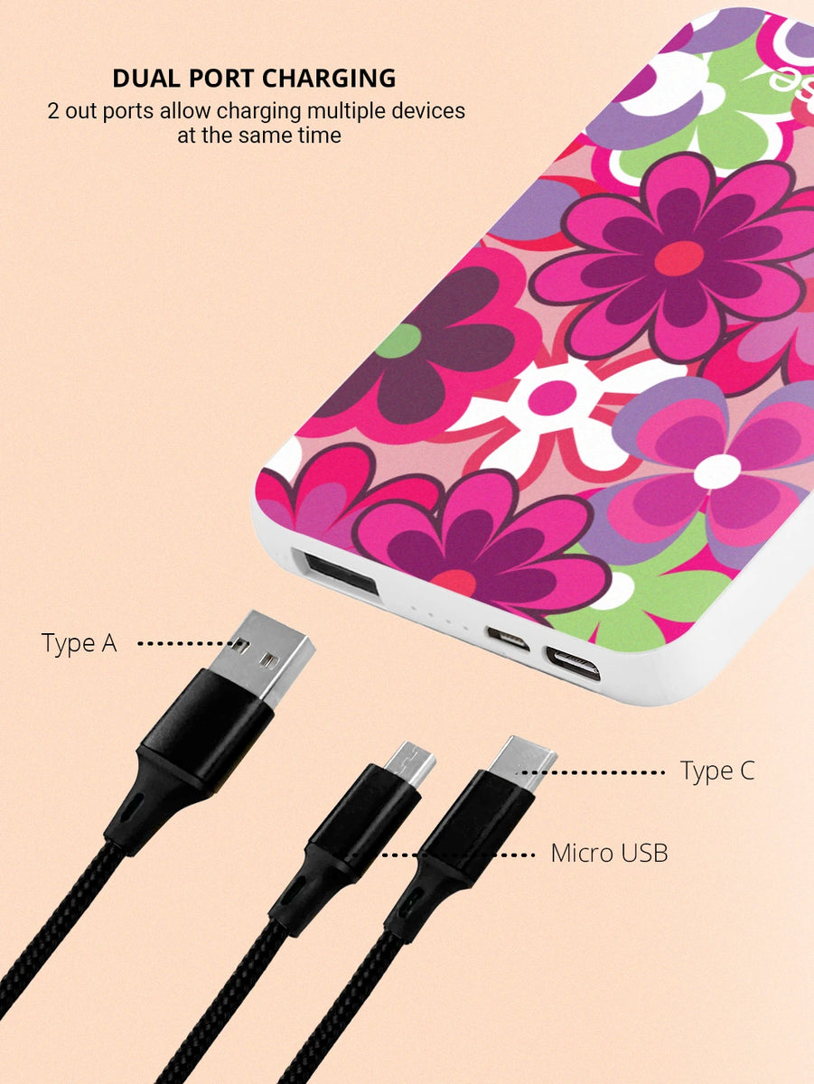 groovy floral powerbank with dual port charging and black usb charging cable