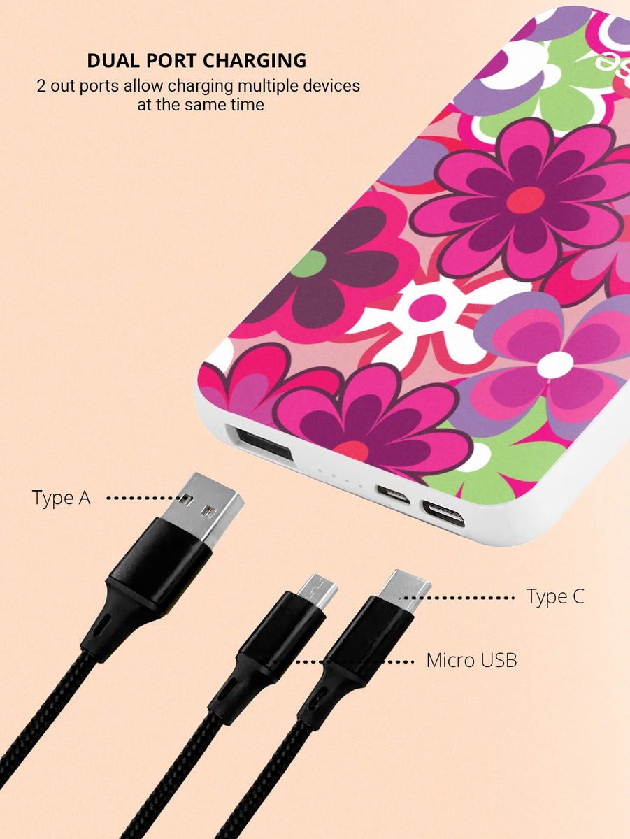 Groovy floral power bank and dual charging cables 