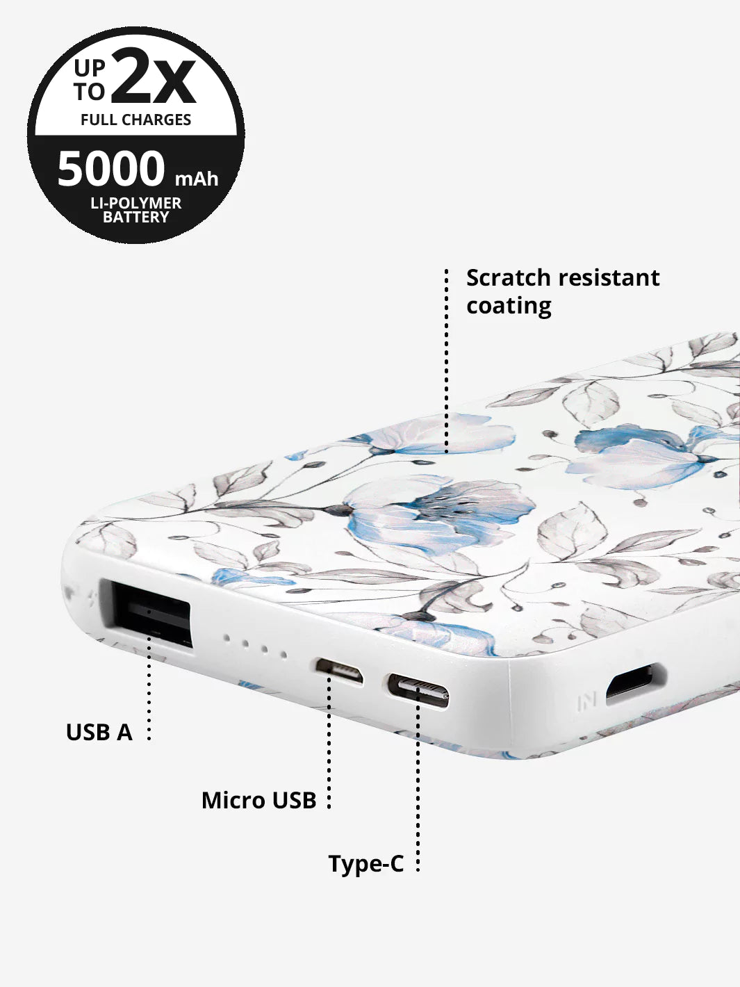 Blue floral powerbank Scratch resistant with USB A Micro USB and type C