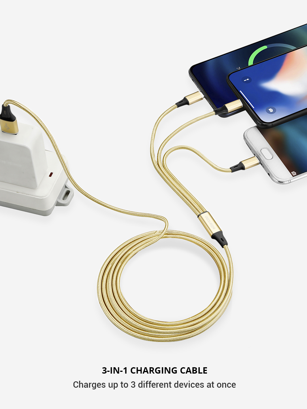 Gold 3-in-1 Charging Cable - 10 Ft (USB A)