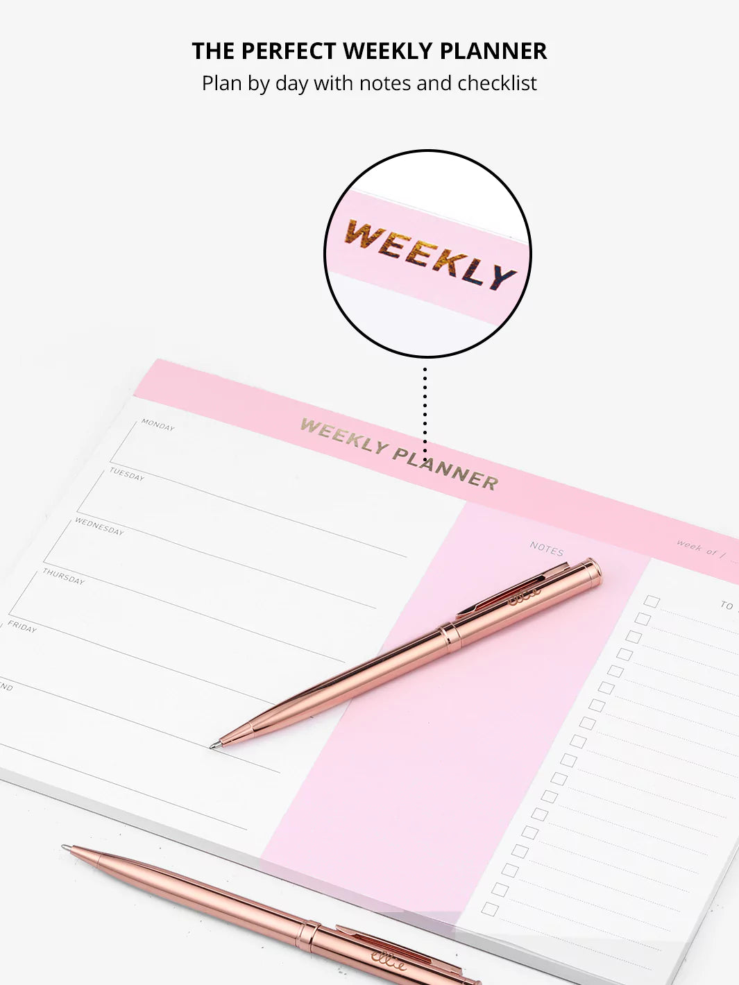 Pink Weekly planner checklist and rose gold pen