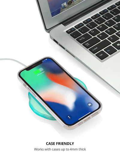 Charging an iPhone with Aqua Crystal Holographic Wireless Charger and a laptop