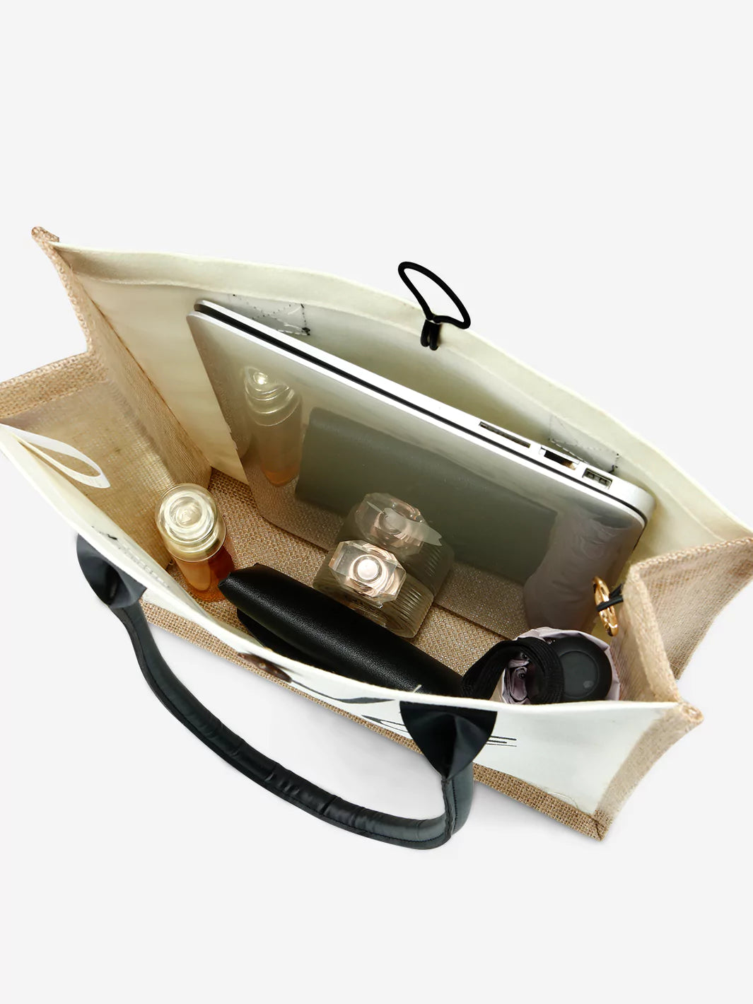 Inside view of market tote bag love peace joy with laptop