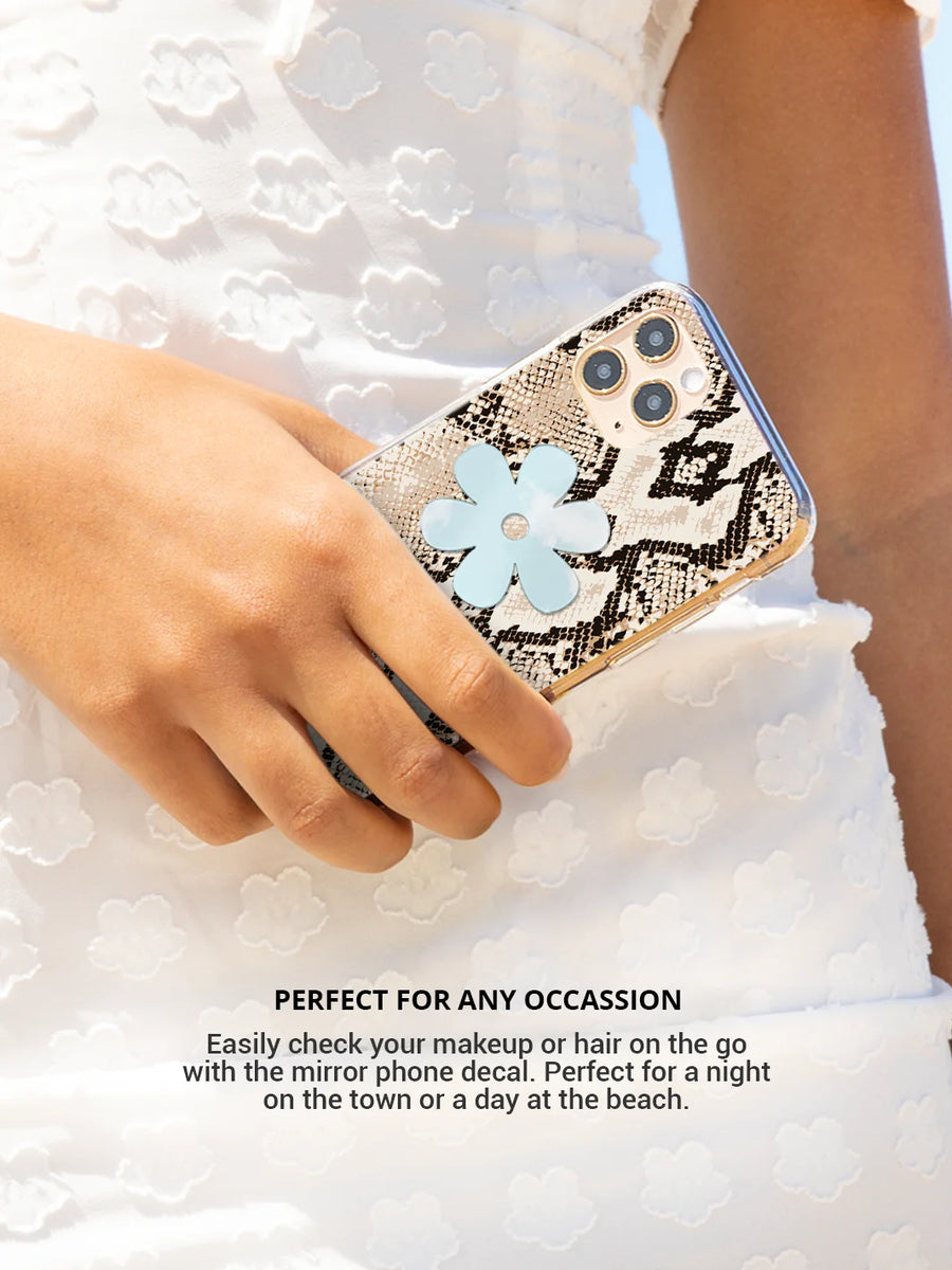 Stick on phone mirror flower on iphone snakeskin case wearing white dress