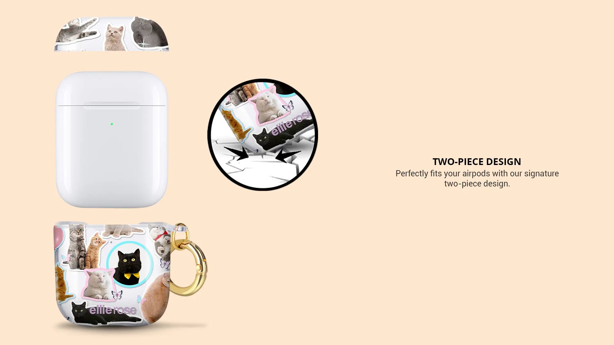 Showing two piece design meow baby airpods case with metal ring