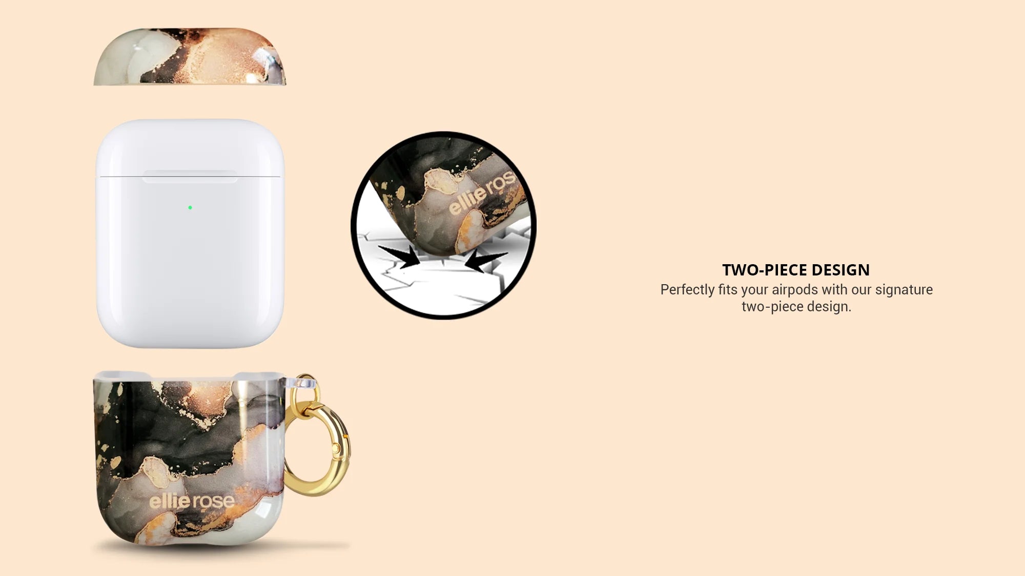 showing two piece design mercury marble airpods case with gold metal chip