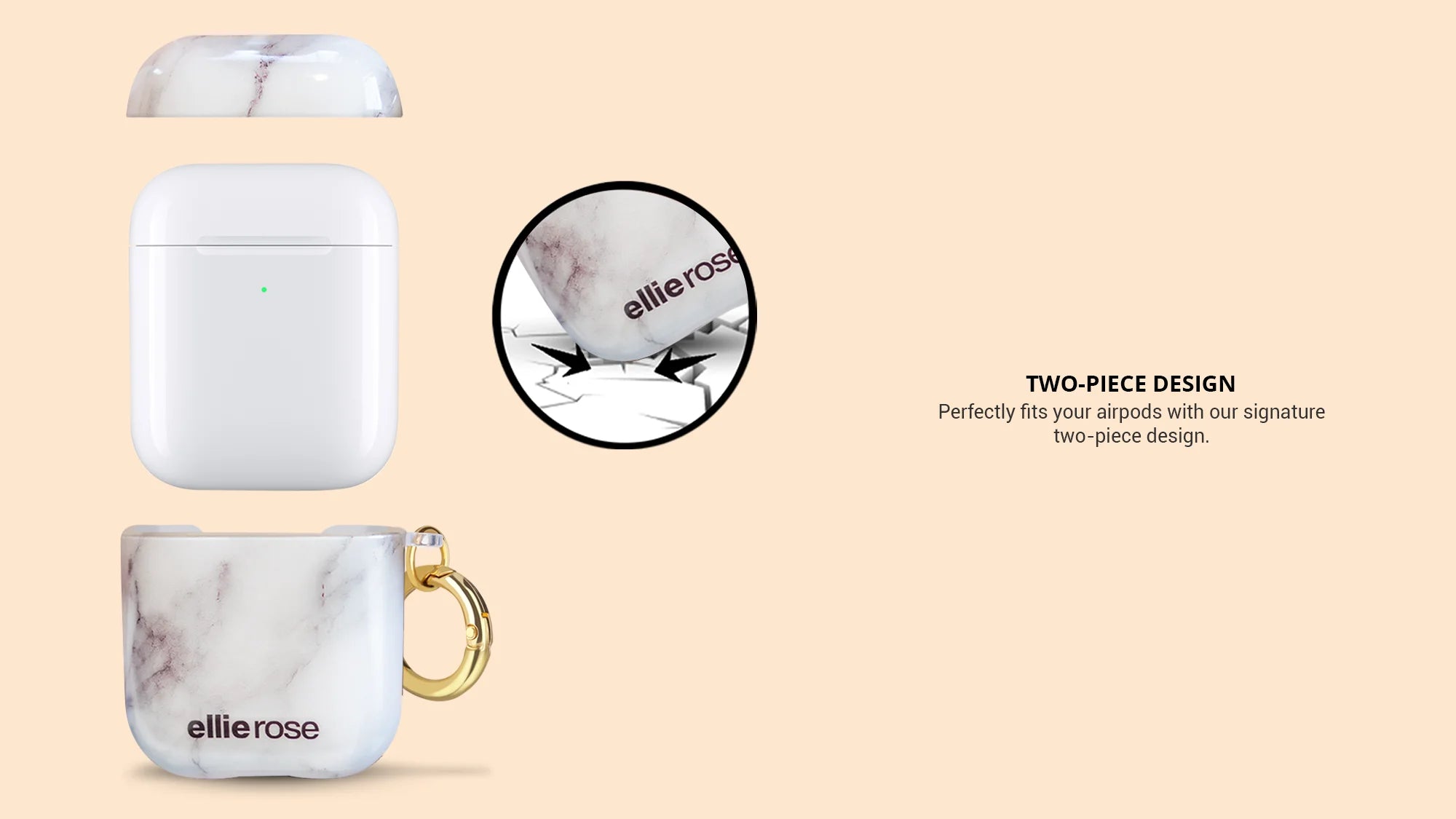 showing two piece design white marble airpods case with gold metal clip