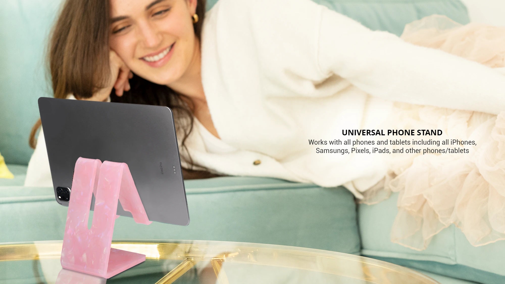 showing rose quartz phone and tablet stand with an iPad