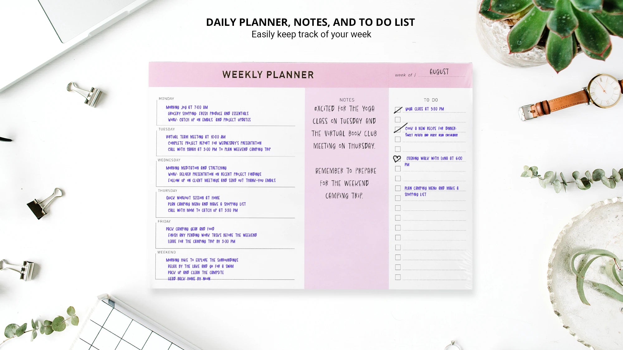 Showing wekly planner with plants and watch on the background