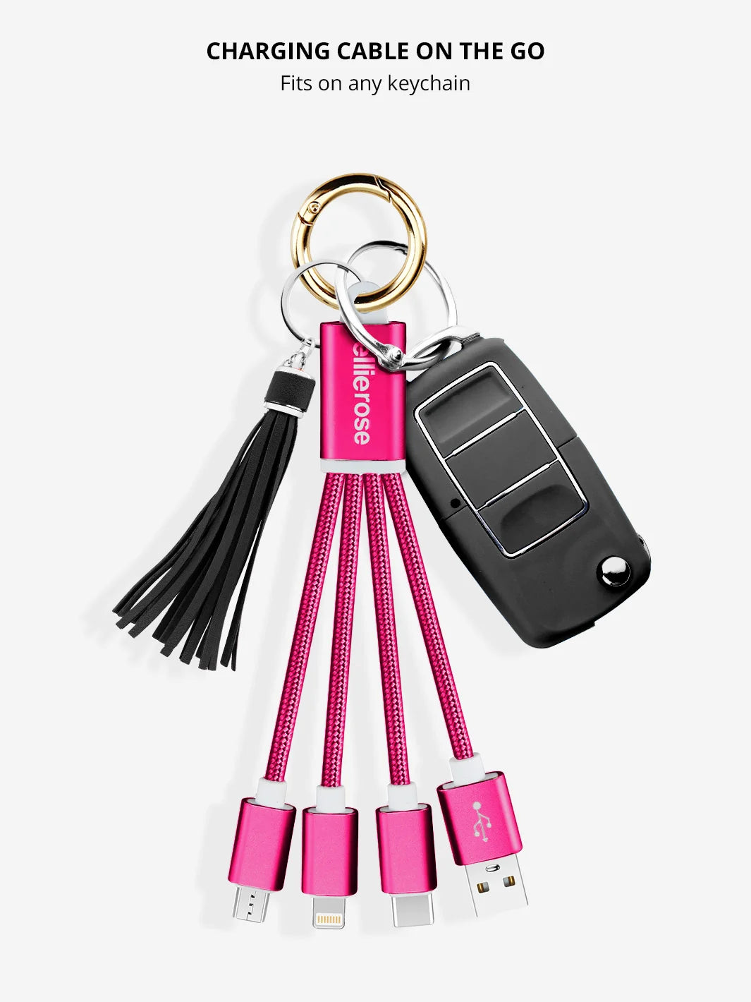 USB A Hot pink 3 in 1 charging cable with black keyfob fits on any keychain