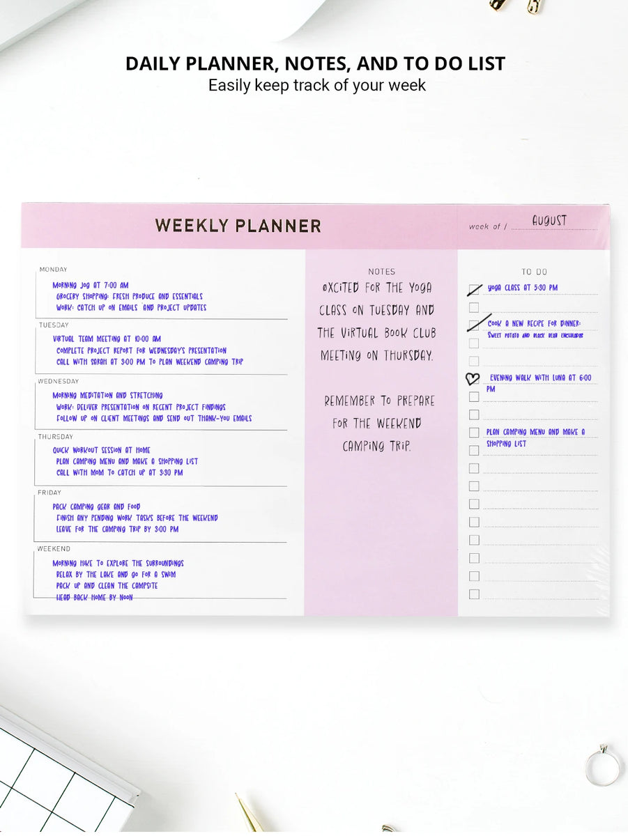 Showing wekly planner with plants and watch on the background