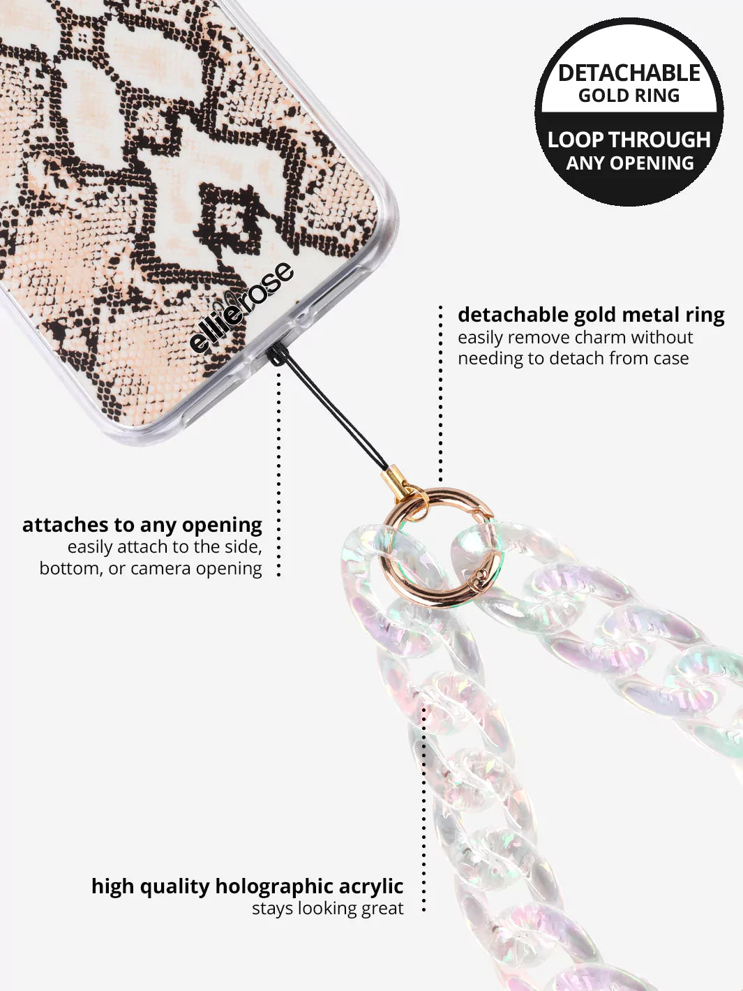 Clear holographic phone wristlet charm detachable gold metal ring and high quality acrylic design with iPhone snakeskin design