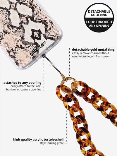 Tortoiseshell phone wristlet charm with detachable metal gold ring and high quality acrylic