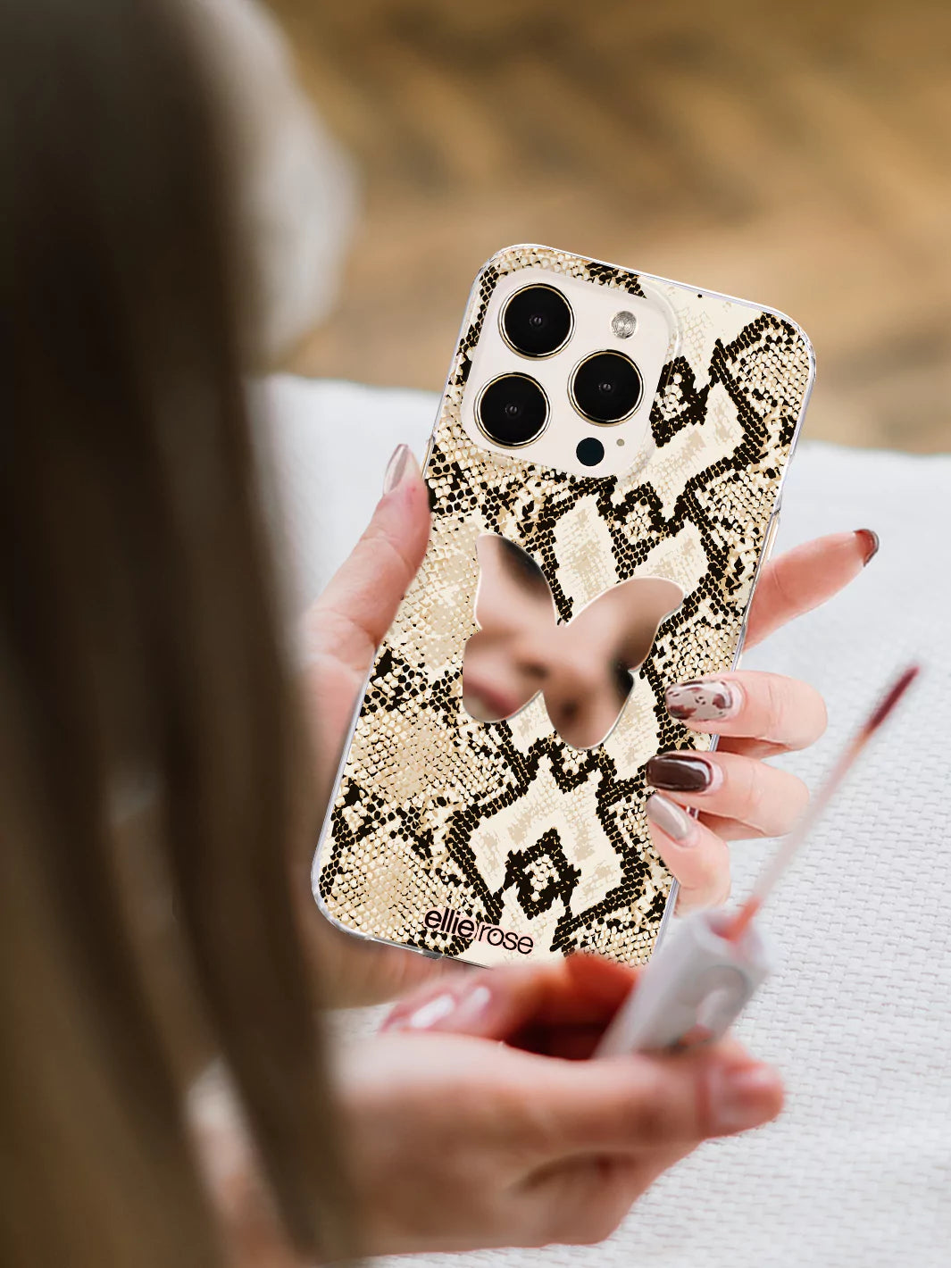 Selfie on Butterfly stick on phone mirror decal on iPhone snakeskin clear case