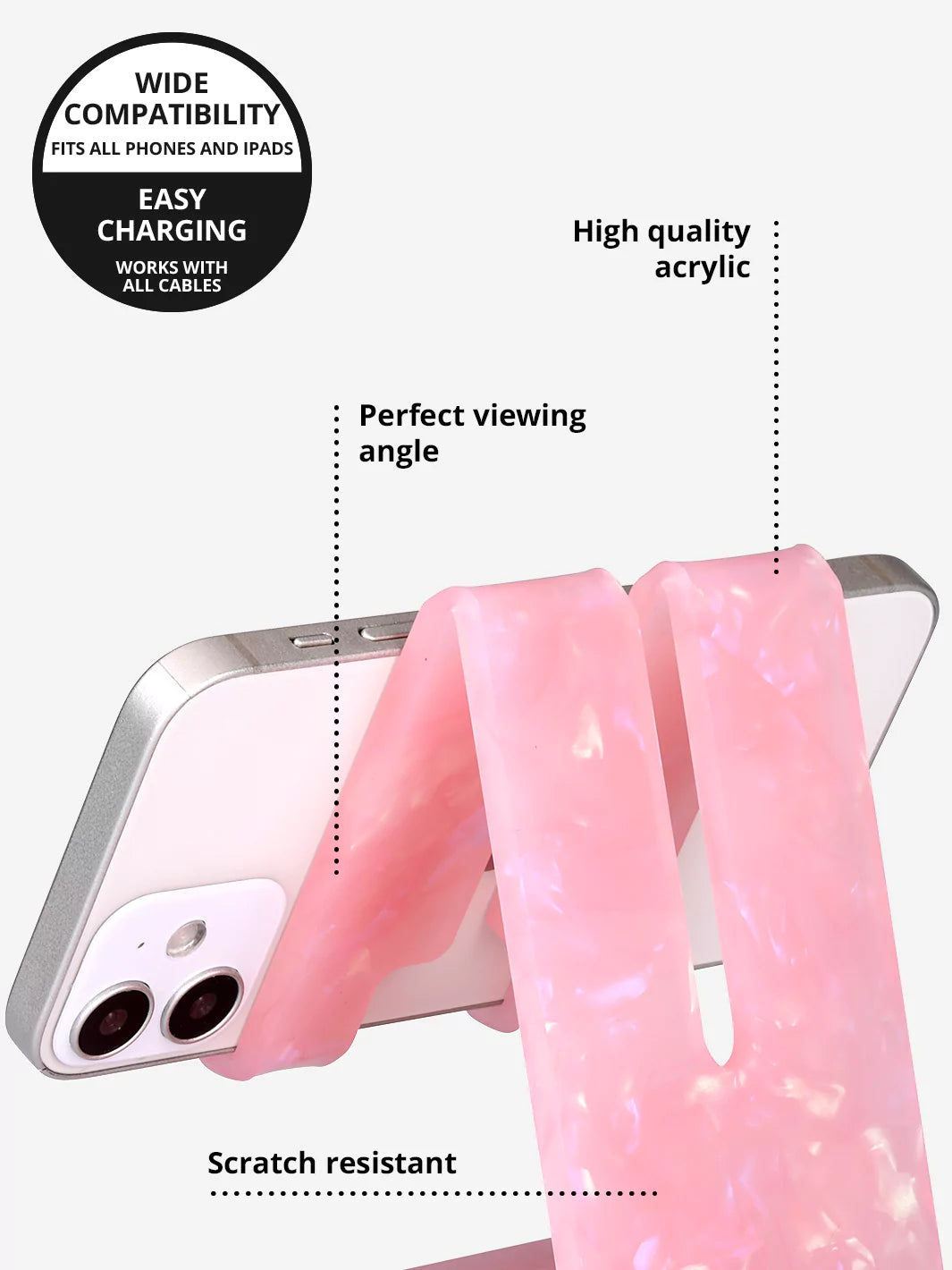 Rose Quartz phone stand with an iPhone for easy charging