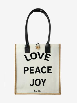 Front view design of market tote bag love peace joy