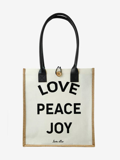 Front view design of market tote bag love peace joy