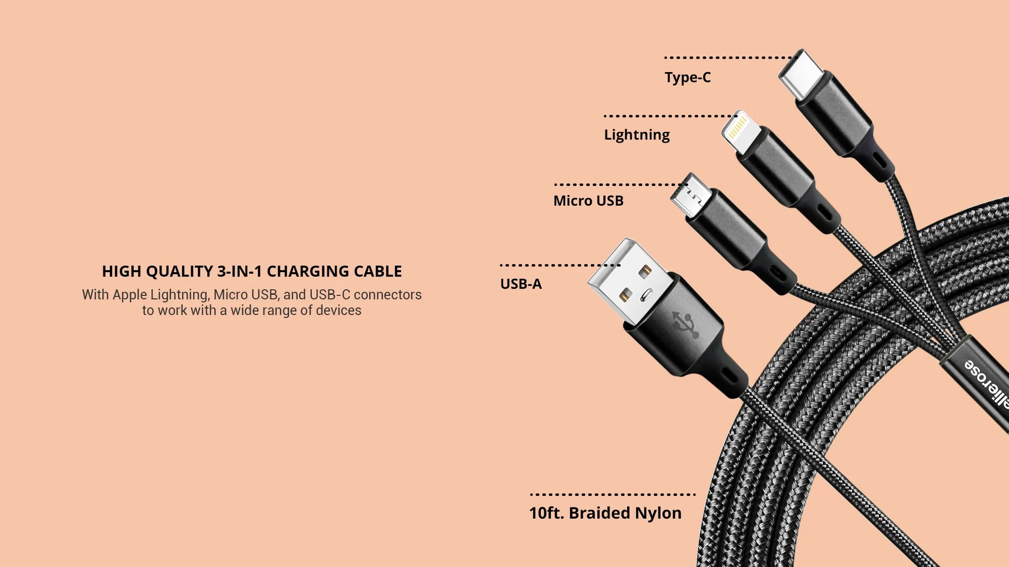 Black 3 in 1 charging cable 10ft braided nylon