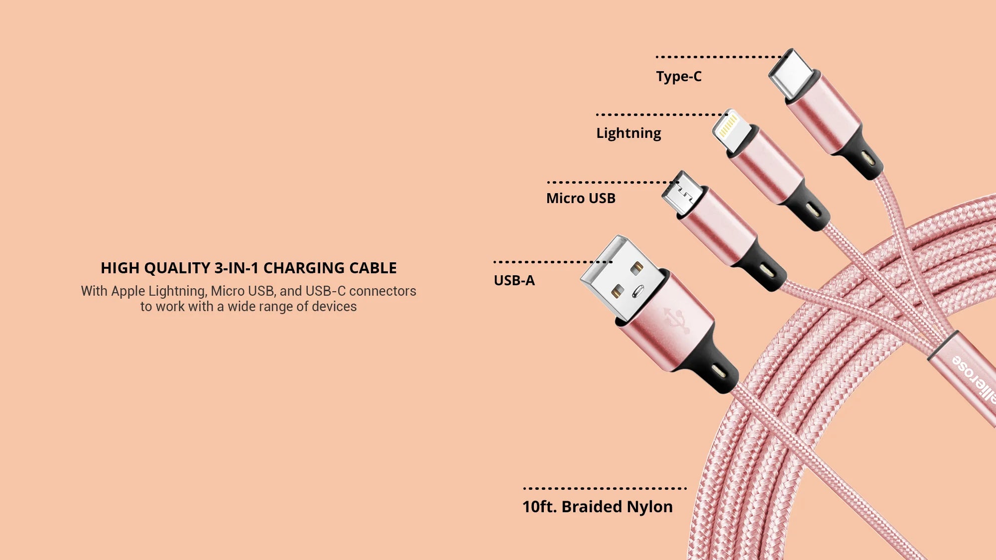 Rose gold 3 in 1 charging cable with high quality 10ft braided nylon 