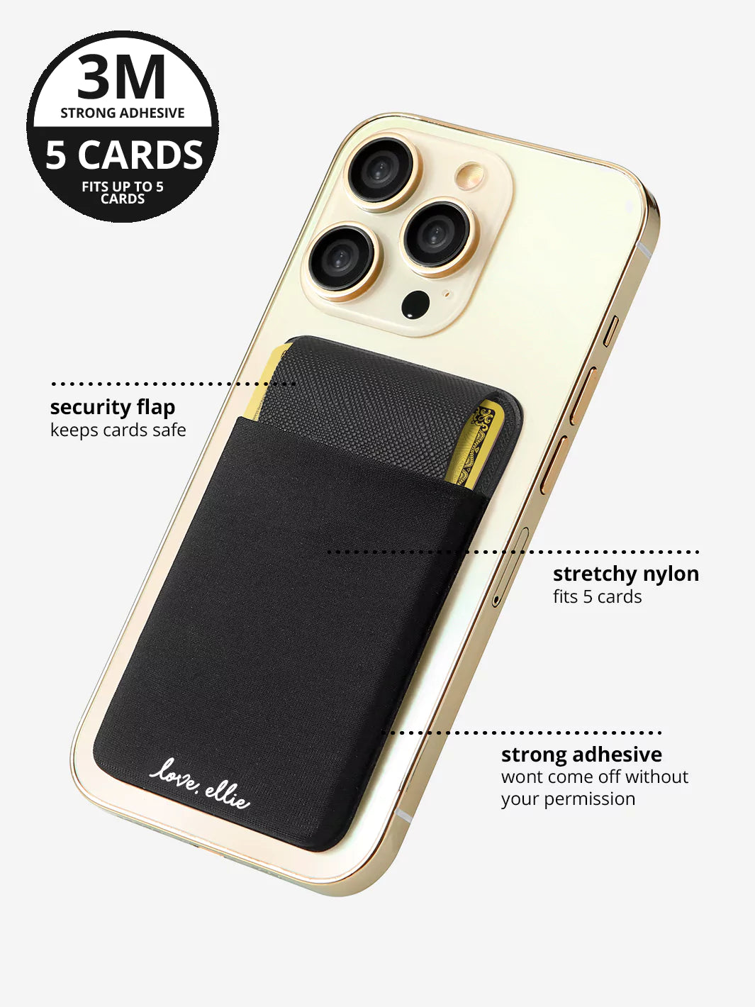 Black Stick on Phone Pocket attached to Gold iPhone and can fit  up to 5 cards