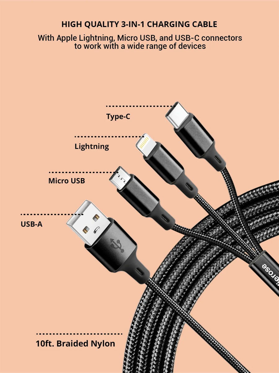 Black 3 in 1 charging cable 10ft braided nylon