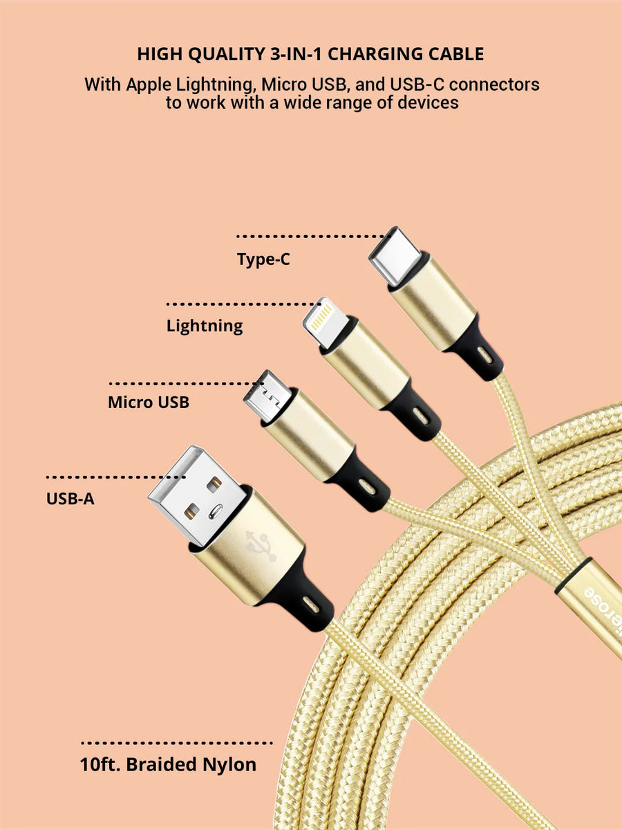 Gold 3 in 1 charging cable 10ft braided nylon