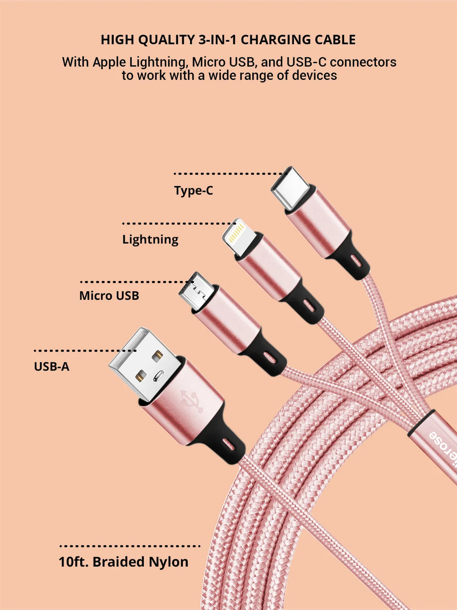 Rose gold 3 in 1 charging cable with high quality 10ft braided nylon 