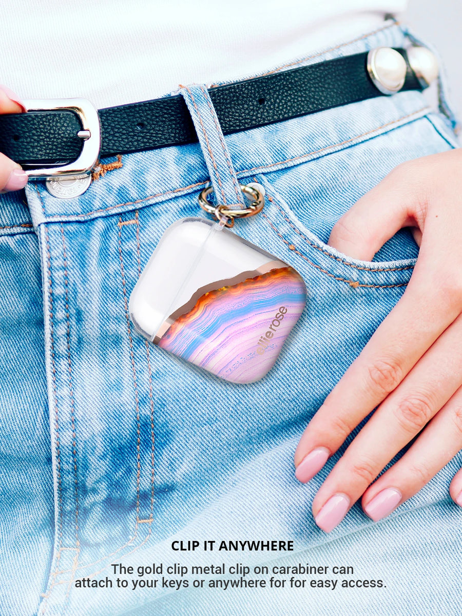 Candy agate airpods case clip in blue jeans using gold metal ring