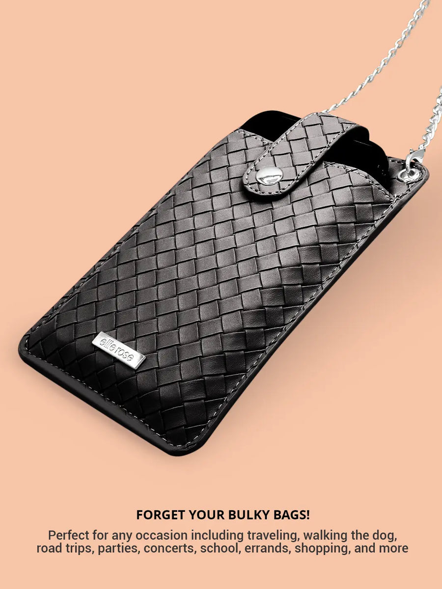 Crossbody phone bag black with ellie rose logo and metal chain