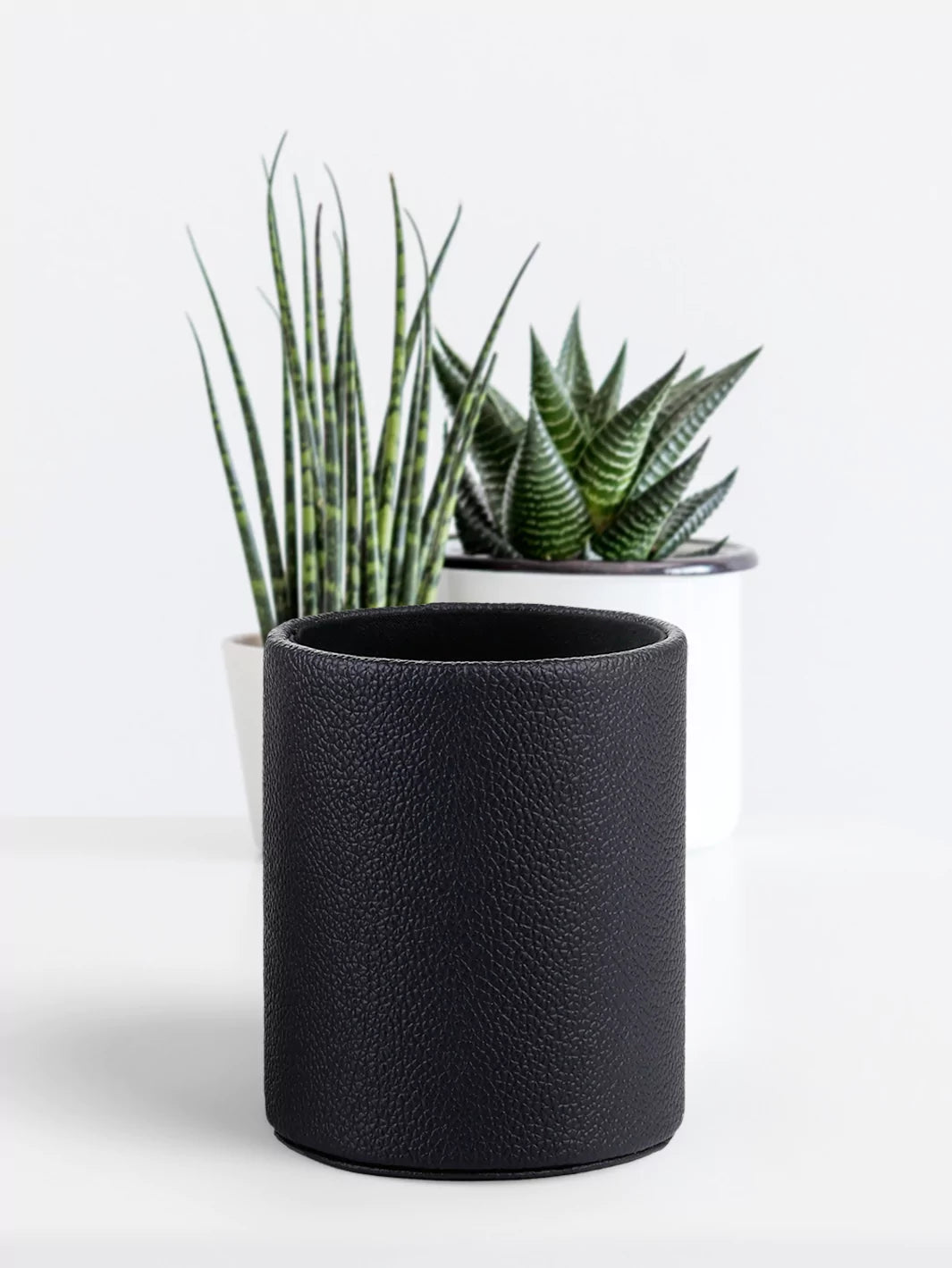  Black Faux leather pen cup with green mini plants at the back